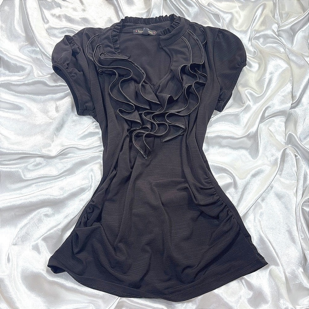 y2k HeartSoul Top Black Excellent Ruffle Neck Puff Sleeve Ruched Blouse Small